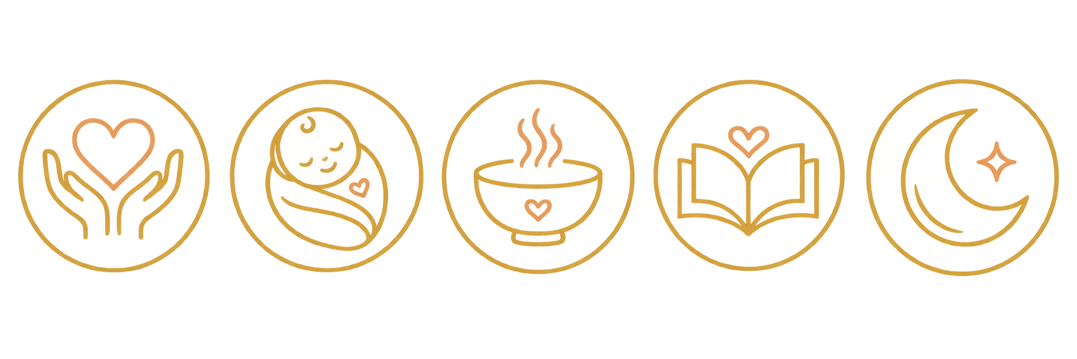 Gold line icons representing emotional support, newborn care, meal support, parent education, and overnight care